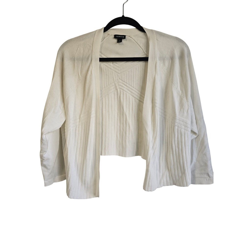 Torrid White Open Front Cardigan Cropped Ribbed Chevron Knit 3/4 Sleeve Size 2
